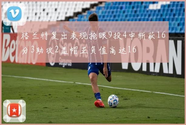 格兰特复出表现抢眼9投4中斩获16分3助攻2盖帽正负值高达16